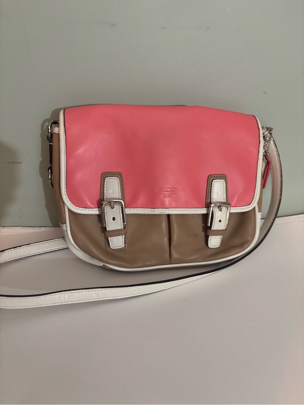 Coach Pink and Tan Leather Crossbody Satchel with Cream Trim